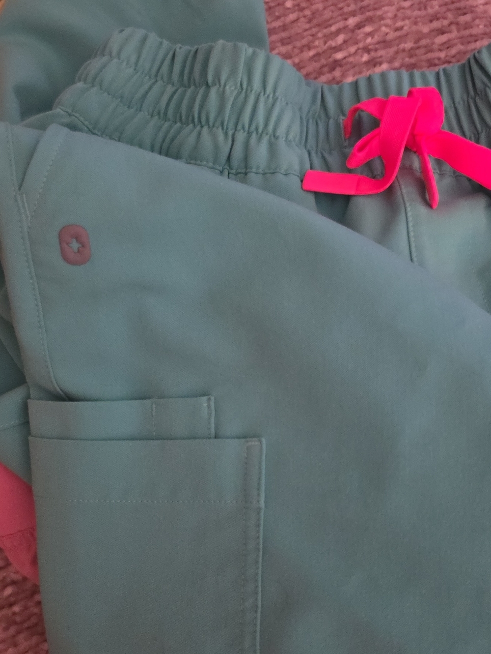 FIGS Teal Wide Leg High Waisted Pants with Pink Drawstring